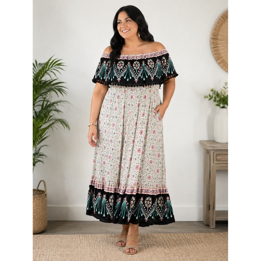 Torrid Insider Collection Off Shoulder Floral Tassel Trim Maxi Dress Size 14/16